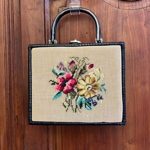 Vintage 1950’s wicker bag with needlepoint embroidery on front